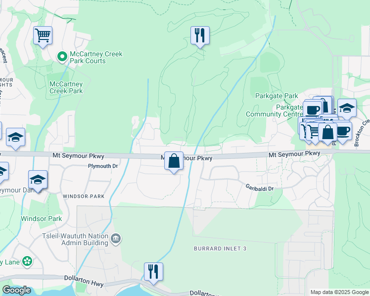 map of restaurants, bars, coffee shops, grocery stores, and more near 3252 Mount Seymour Parkway in North Vancouver