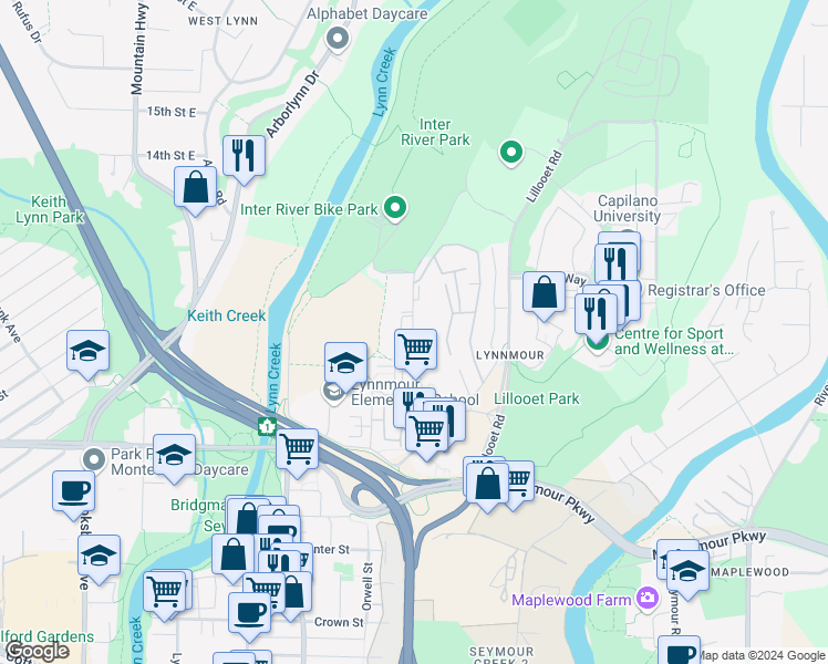 map of restaurants, bars, coffee shops, grocery stores, and more near 933 Premier Street in North Vancouver