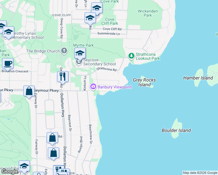 map of restaurants, bars, coffee shops, grocery stores, and more near 4505 Stonehaven Avenue in North Vancouver
