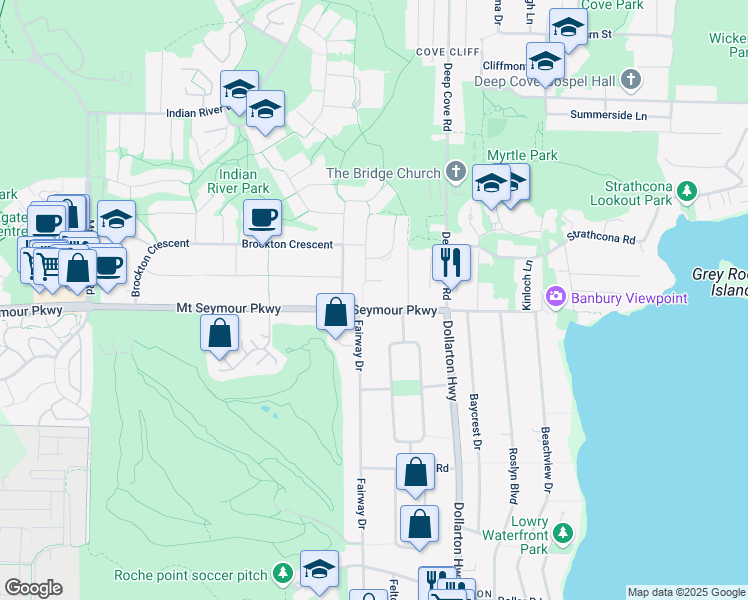 map of restaurants, bars, coffee shops, grocery stores, and more near 4150 Mount Seymour Parkway in North Vancouver