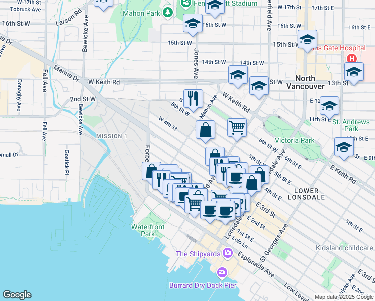 map of restaurants, bars, coffee shops, grocery stores, and more near in North Vancouver