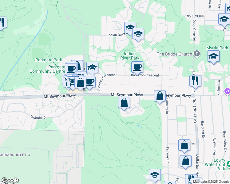 map of restaurants, bars, coffee shops, grocery stores, and more near 3868 Mount Seymour Parkway in North Vancouver