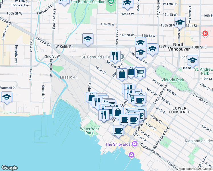 map of restaurants, bars, coffee shops, grocery stores, and more near 302 3rd Street West in North Vancouver