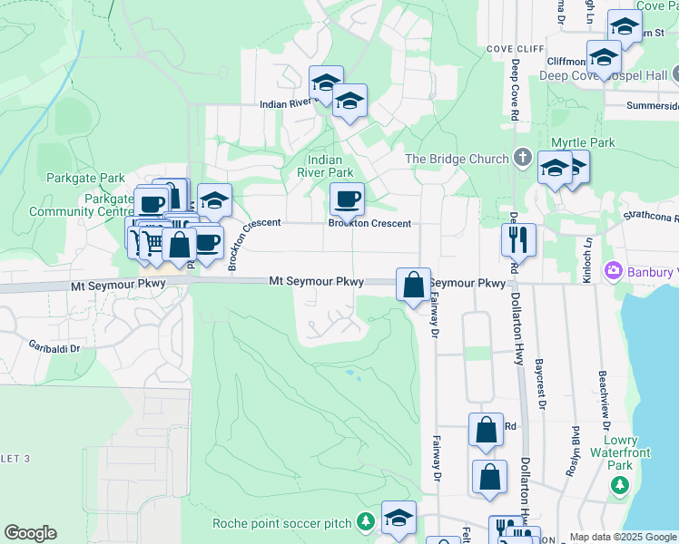 map of restaurants, bars, coffee shops, grocery stores, and more near 3980 Mount Seymour Parkway in North Vancouver