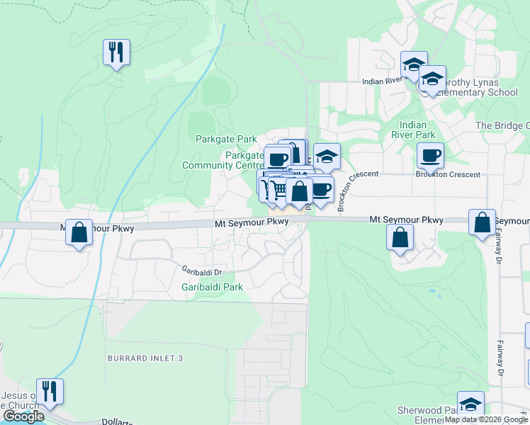 map of restaurants, bars, coffee shops, grocery stores, and more near 3612 Mount Seymour Parkway in North Vancouver