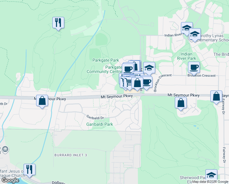 map of restaurants, bars, coffee shops, grocery stores, and more near Mount Seymour Parkway in Metro Vancouver
