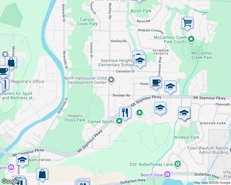 map of restaurants, bars, coffee shops, grocery stores, and more near 2524 Bendale Road in North Vancouver