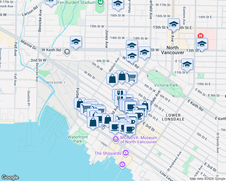 map of restaurants, bars, coffee shops, grocery stores, and more near 235 West 4th Street in North Vancouver