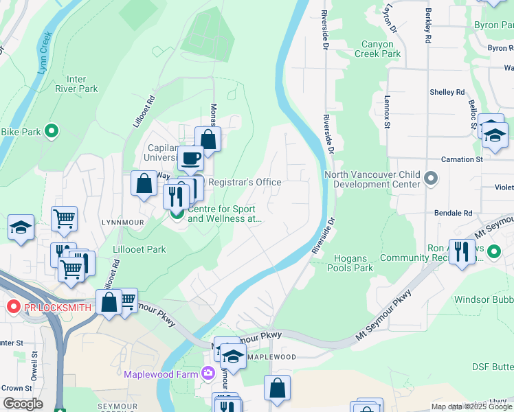 map of restaurants, bars, coffee shops, grocery stores, and more near 905 Heritage Boulevard in North Vancouver