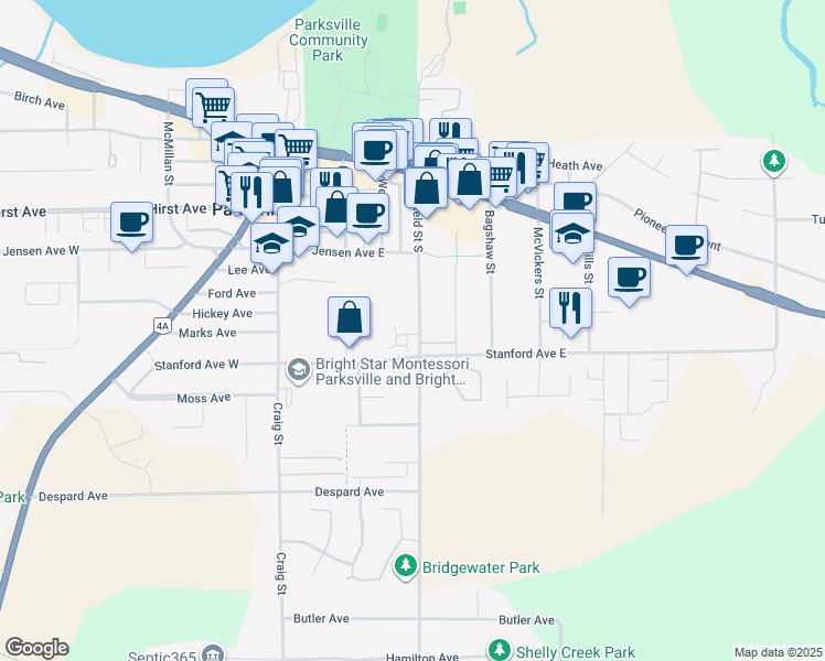 map of restaurants, bars, coffee shops, grocery stores, and more near 267 Corfield Street South in Parksville