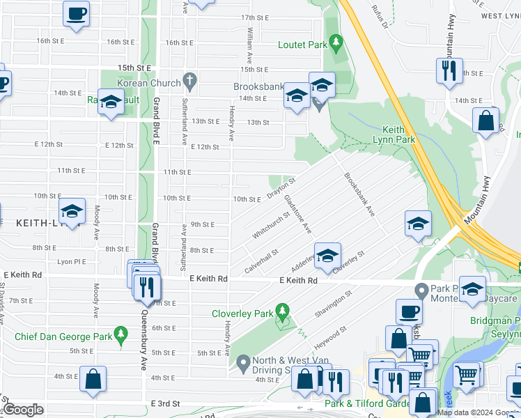 map of restaurants, bars, coffee shops, grocery stores, and more near 851 Drayton Street in North Vancouver