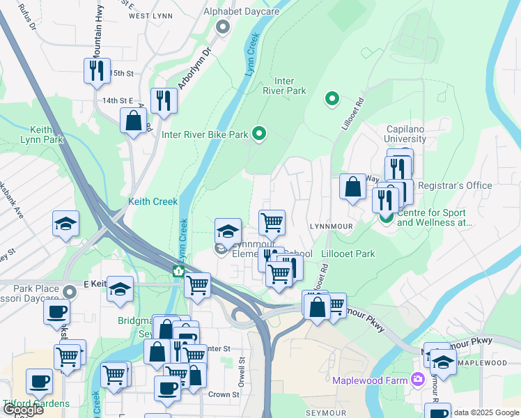 map of restaurants, bars, coffee shops, grocery stores, and more near 995 Premier Street in North Vancouver