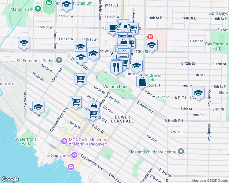 map of restaurants, bars, coffee shops, grocery stores, and more near 123 Keith Road East in North Vancouver