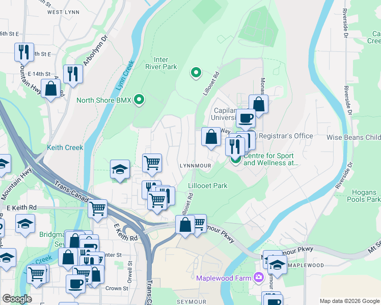map of restaurants, bars, coffee shops, grocery stores, and more near 1079 Lillooet Street in Vancouver