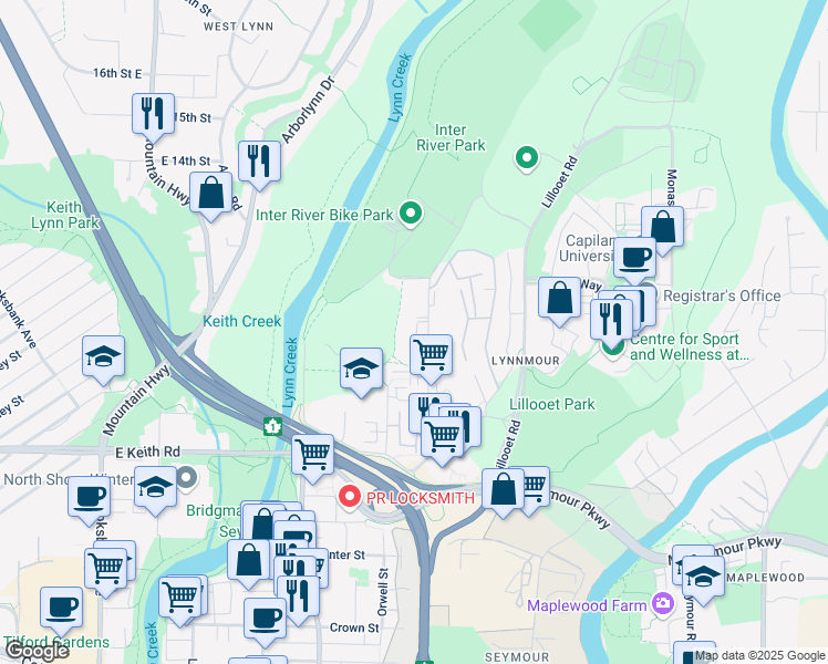 map of restaurants, bars, coffee shops, grocery stores, and more near 995 Premier Street in North Vancouver