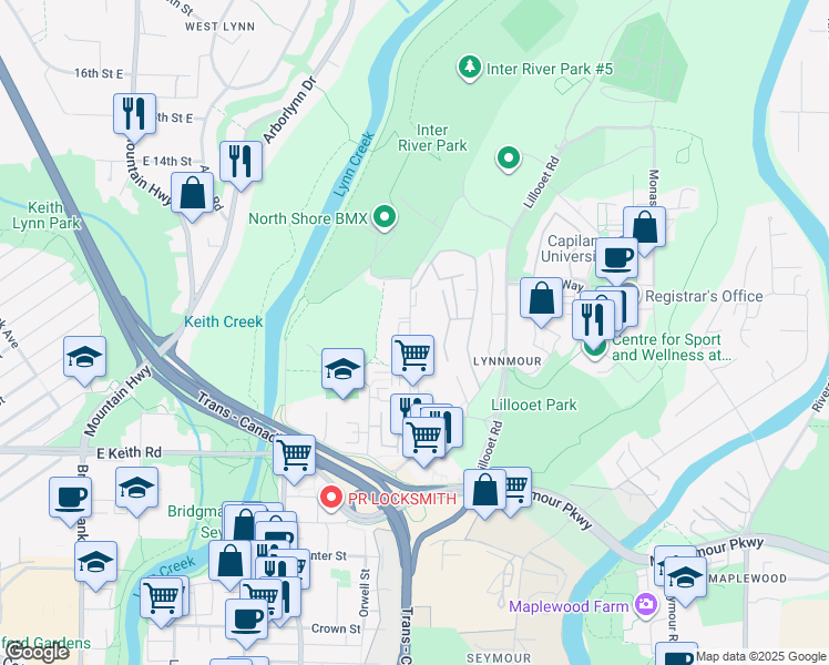 map of restaurants, bars, coffee shops, grocery stores, and more near 1142 Premier Street in North Vancouver
