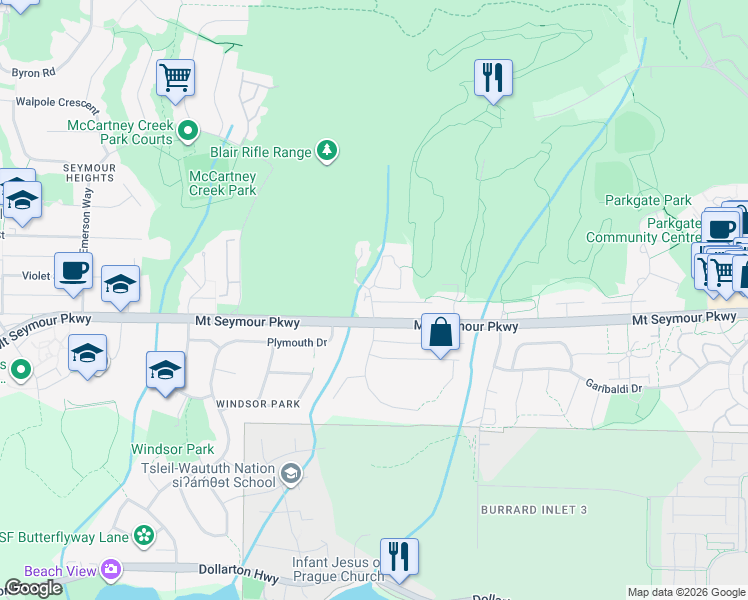 map of restaurants, bars, coffee shops, grocery stores, and more near 1102 Strathaven Drive in North Vancouver