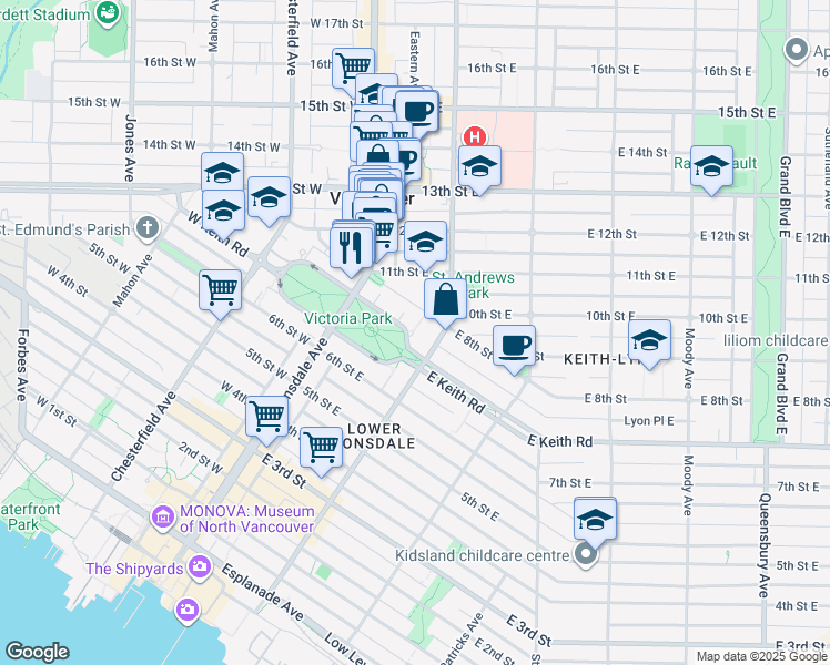 map of restaurants, bars, coffee shops, grocery stores, and more near in North Vancouver