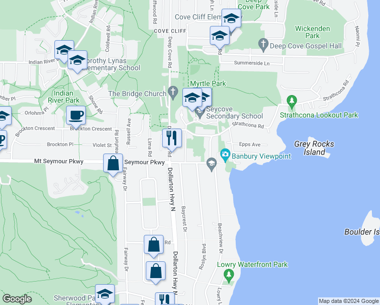 map of restaurants, bars, coffee shops, grocery stores, and more near 1068 Caledonia Avenue in North Vancouver
