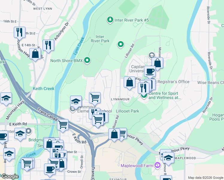 map of restaurants, bars, coffee shops, grocery stores, and more near 1021 Old Lillooet Road in North Vancouver