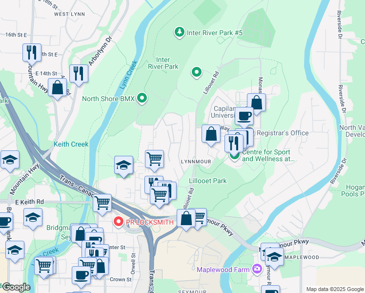 map of restaurants, bars, coffee shops, grocery stores, and more near 1001 Old Lillooet Road in North Vancouver
