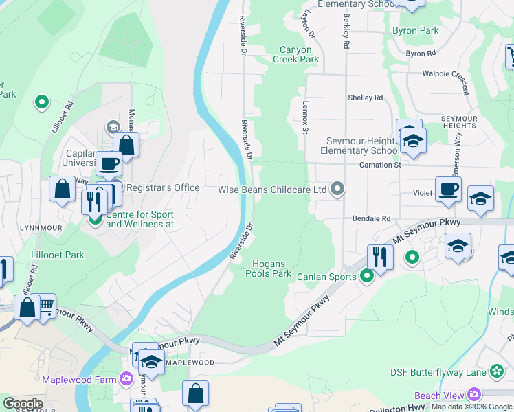 map of restaurants, bars, coffee shops, grocery stores, and more near 17 Riverside Drive West in North Vancouver