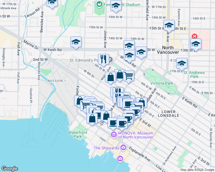 map of restaurants, bars, coffee shops, grocery stores, and more near 251 West 4th Street in North Vancouver