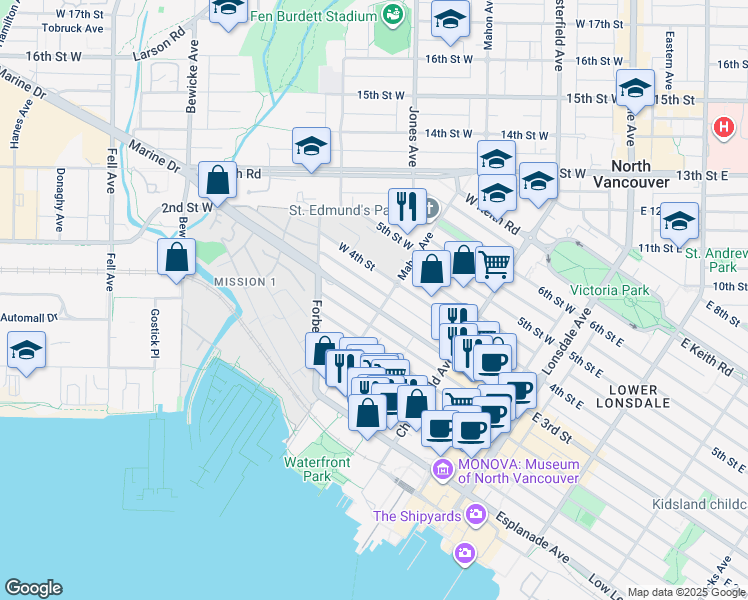 map of restaurants, bars, coffee shops, grocery stores, and more near 310 3rd Street West in North Vancouver