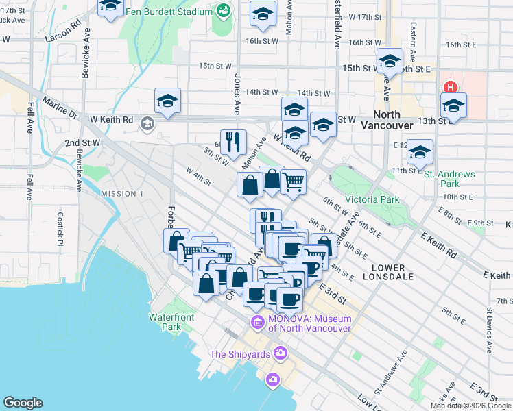 map of restaurants, bars, coffee shops, grocery stores, and more near 238 West 4th Street in North Vancouver