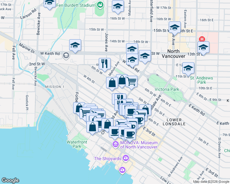 map of restaurants, bars, coffee shops, grocery stores, and more near 259 West 4th Street in North Vancouver