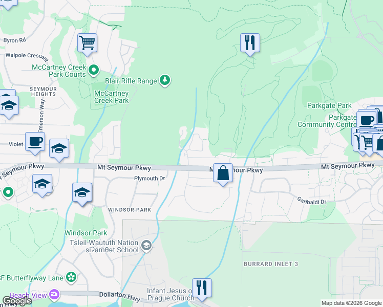 map of restaurants, bars, coffee shops, grocery stores, and more near 1102 Strathaven Drive in North Vancouver