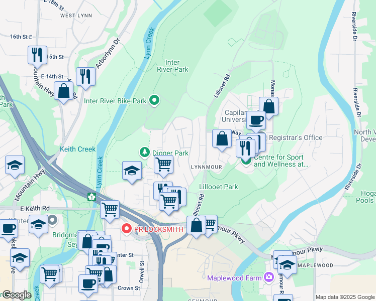 map of restaurants, bars, coffee shops, grocery stores, and more near 899 Old Lillooet Road in North Vancouver