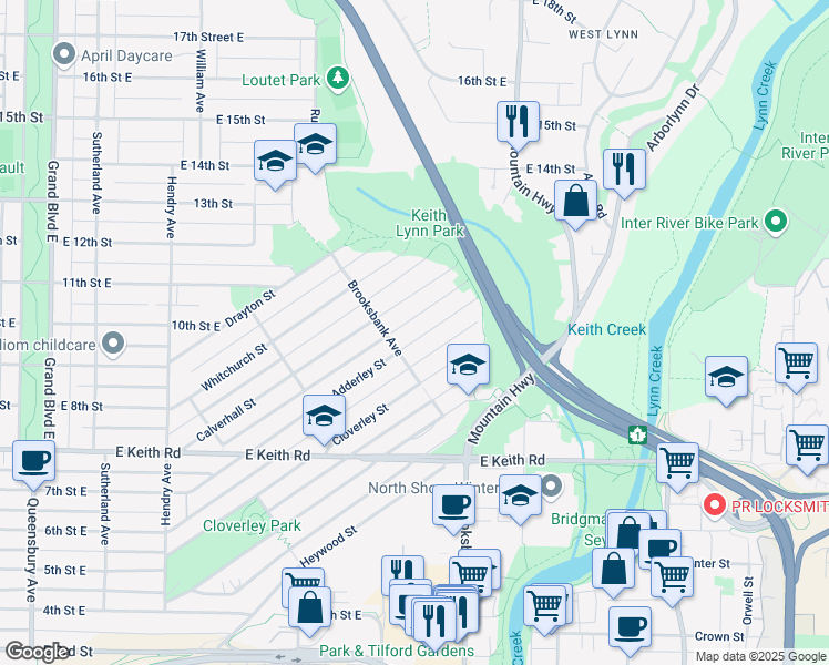 map of restaurants, bars, coffee shops, grocery stores, and more near 1228 Adderley Street in North Vancouver