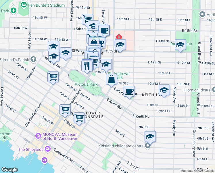map of restaurants, bars, coffee shops, grocery stores, and more near 175 10th Street East in North Vancouver