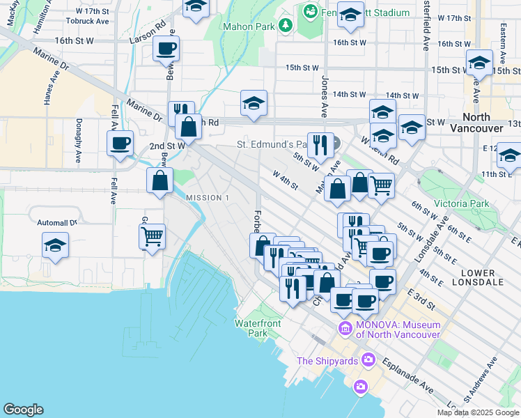 map of restaurants, bars, coffee shops, grocery stores, and more near in North Vancouver