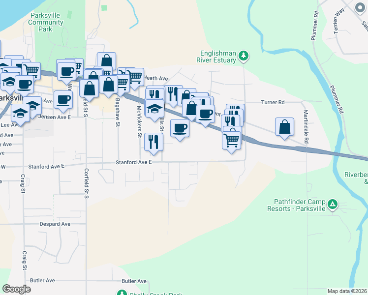 map of restaurants, bars, coffee shops, grocery stores, and more near 425 Stanford Avenue East in Parksville