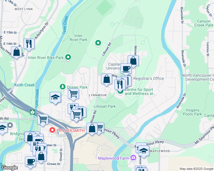 map of restaurants, bars, coffee shops, grocery stores, and more near 1030 Lillooet Road in North Vancouver