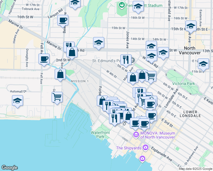 map of restaurants, bars, coffee shops, grocery stores, and more near 309 3rd Street West in North Vancouver