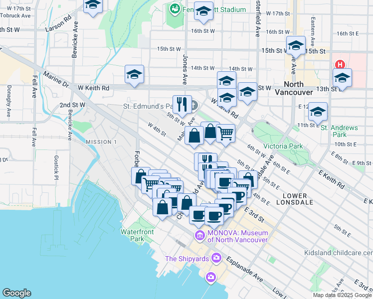 map of restaurants, bars, coffee shops, grocery stores, and more near 251 West 4th Street in North Vancouver