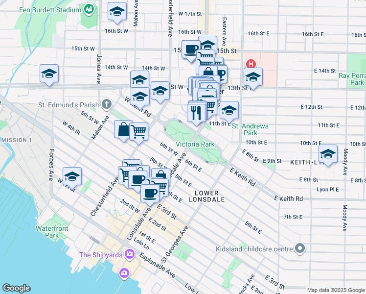 map of restaurants, bars, coffee shops, grocery stores, and more near 703 Lonsdale Avenue in North Vancouver