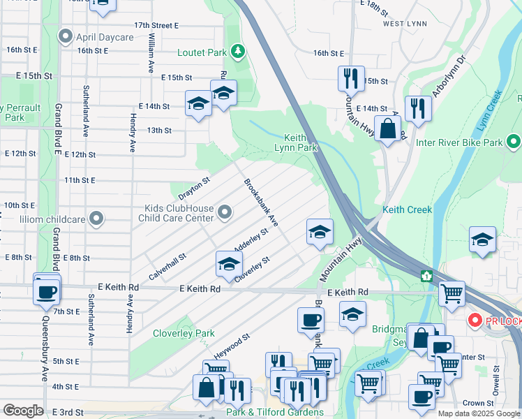 map of restaurants, bars, coffee shops, grocery stores, and more near 995 Calverhall Street in North Vancouver