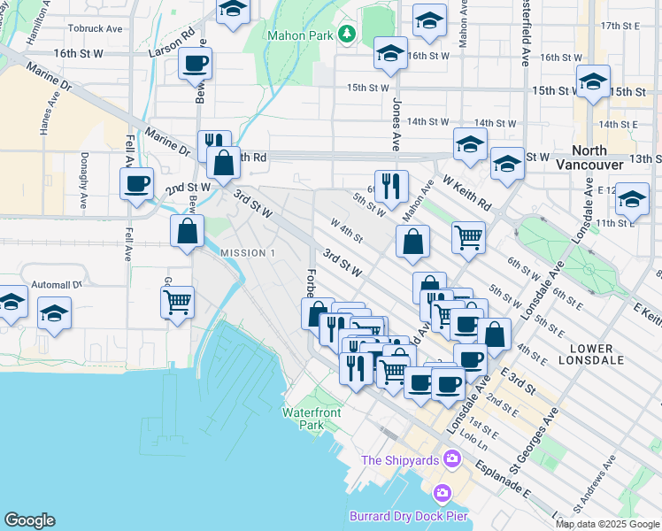 map of restaurants, bars, coffee shops, grocery stores, and more near in North Vancouver