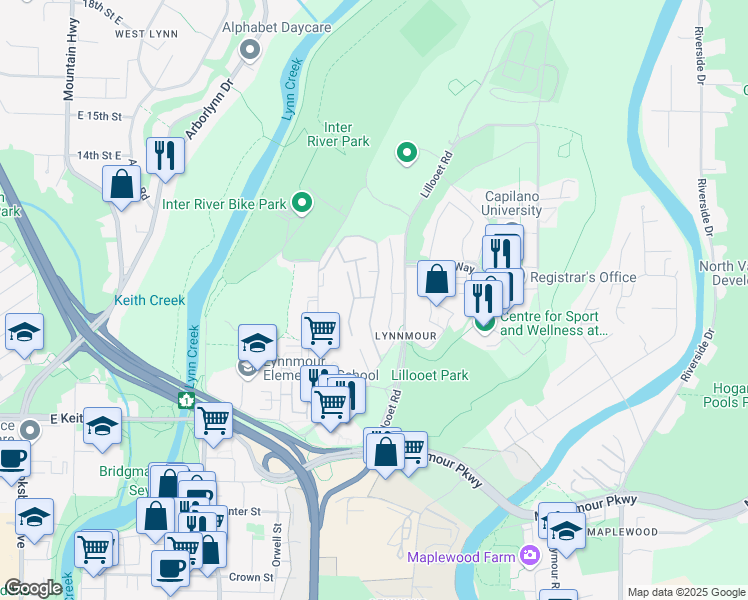map of restaurants, bars, coffee shops, grocery stores, and more near 1035 Old Lillooet Road in North Vancouver