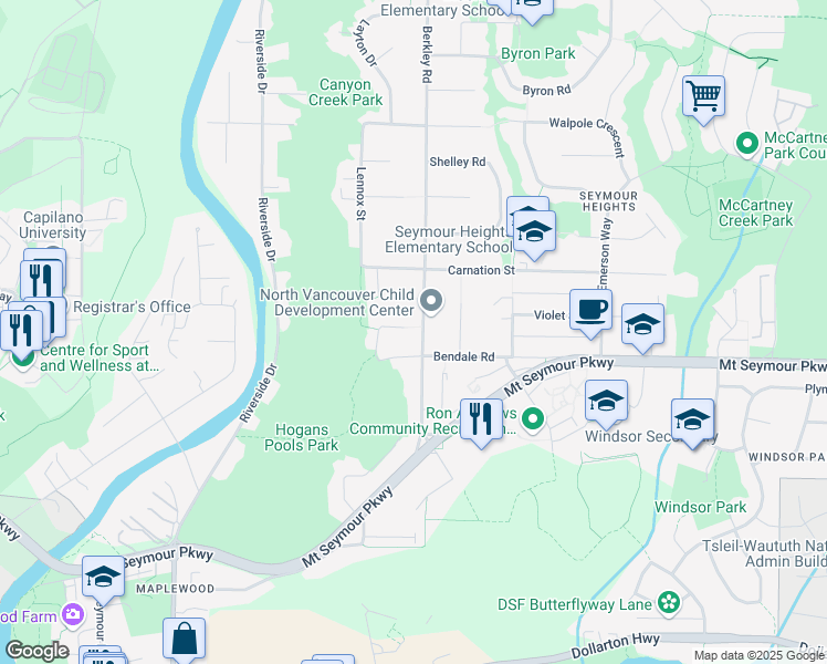 map of restaurants, bars, coffee shops, grocery stores, and more near 2458 Berton Place in North Vancouver