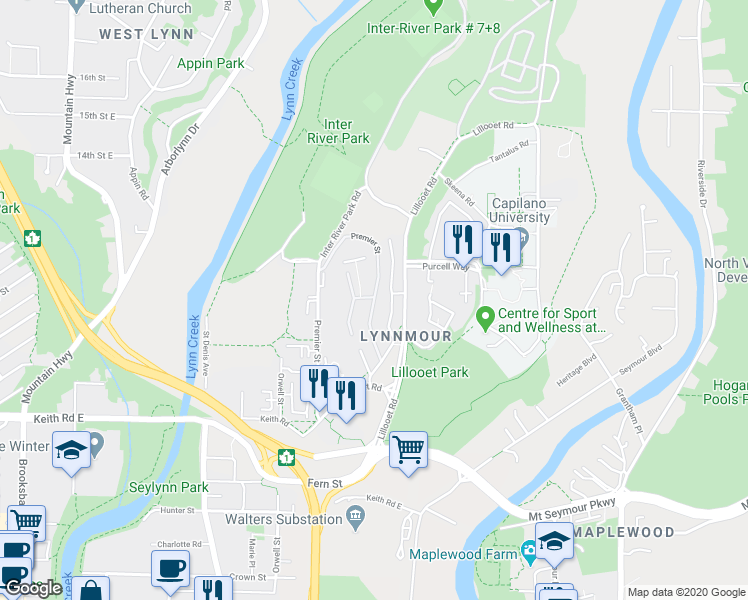 map of restaurants, bars, coffee shops, grocery stores, and more near 1039 Old Lillooet Road in North Vancouver