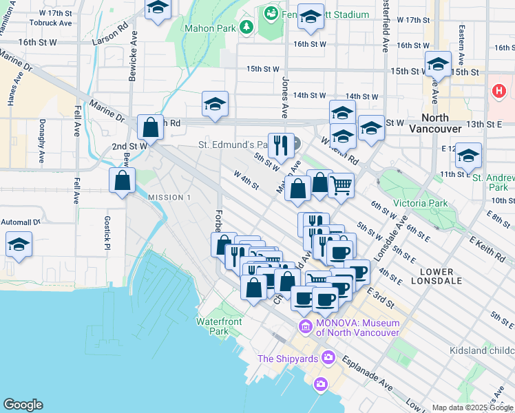 map of restaurants, bars, coffee shops, grocery stores, and more near in North Vancouver