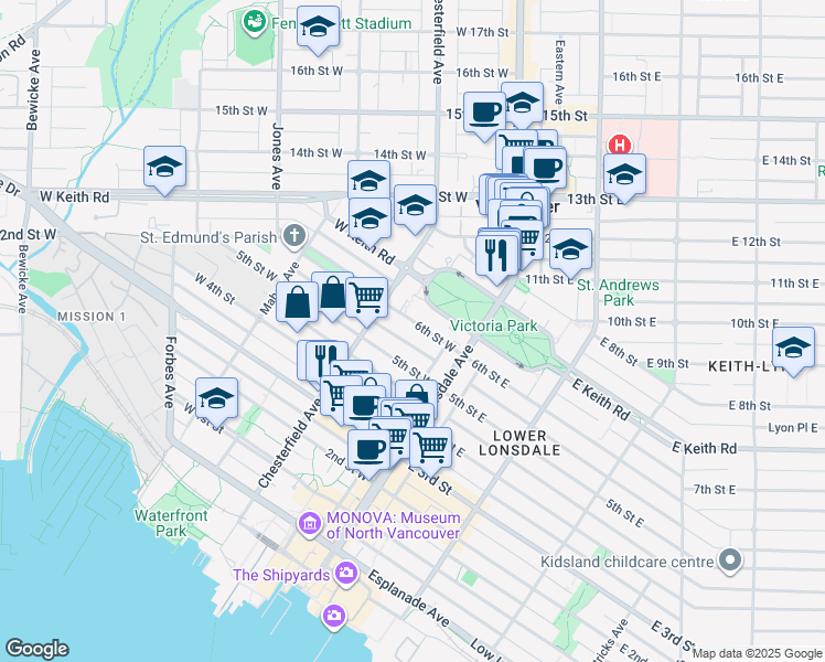 map of restaurants, bars, coffee shops, grocery stores, and more near 149 6th Street West in North Vancouver