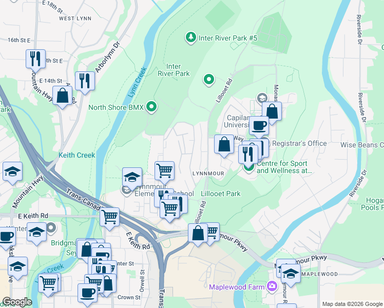 map of restaurants, bars, coffee shops, grocery stores, and more near 931 Old Lillooet Road in North Vancouver