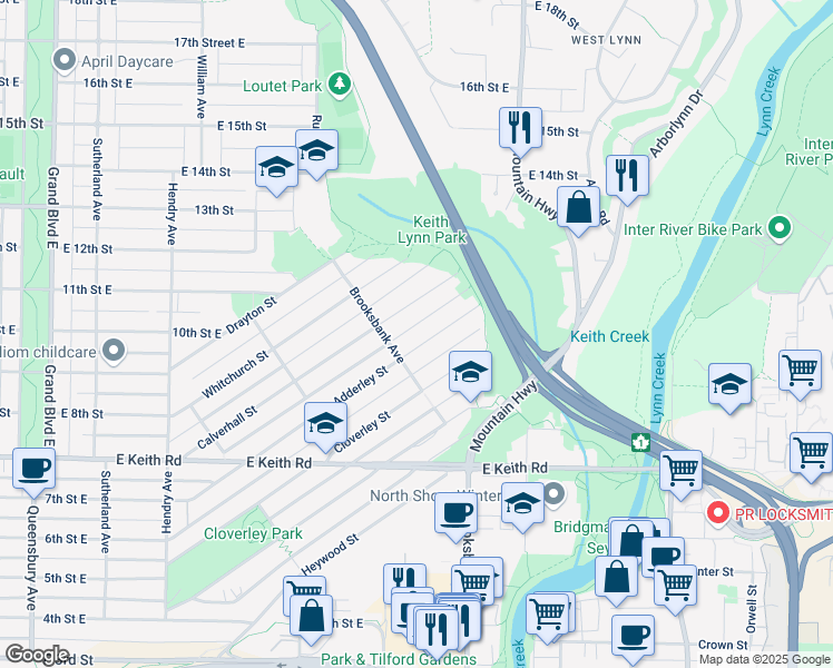 map of restaurants, bars, coffee shops, grocery stores, and more near 1228 Adderley Street in North Vancouver