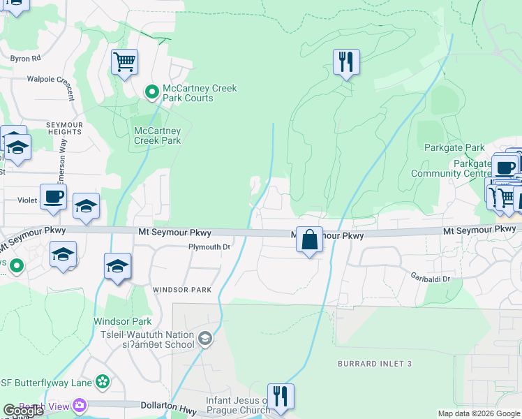 map of restaurants, bars, coffee shops, grocery stores, and more near 1190 Strathaven Drive in North Vancouver